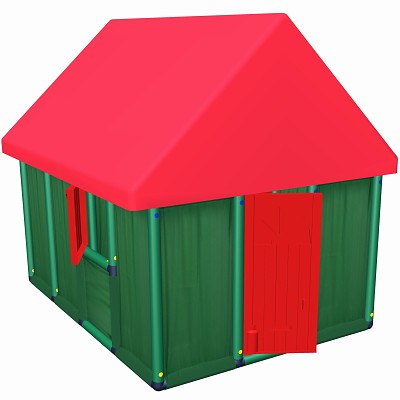 Move and Stic play house with windows, doors, and fabric walls red/green